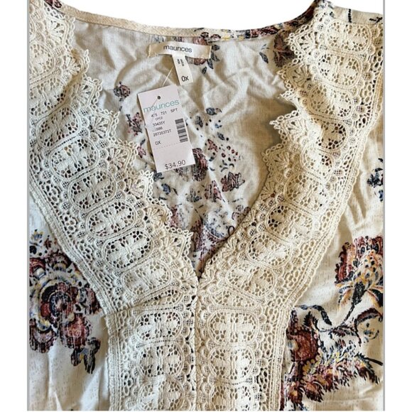 Maurices Blouse Womens 0X Cream Floral Lace Trim V Neck Boho Patchwork Tunic - Picture 4 of 6
